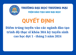 Điểm trúng tuyển vào các ngành đào tạo trình độ thạc sĩ khóa 30A Kỳ tuyển sinh cao học đợt 1 - tháng 5 năm 2024